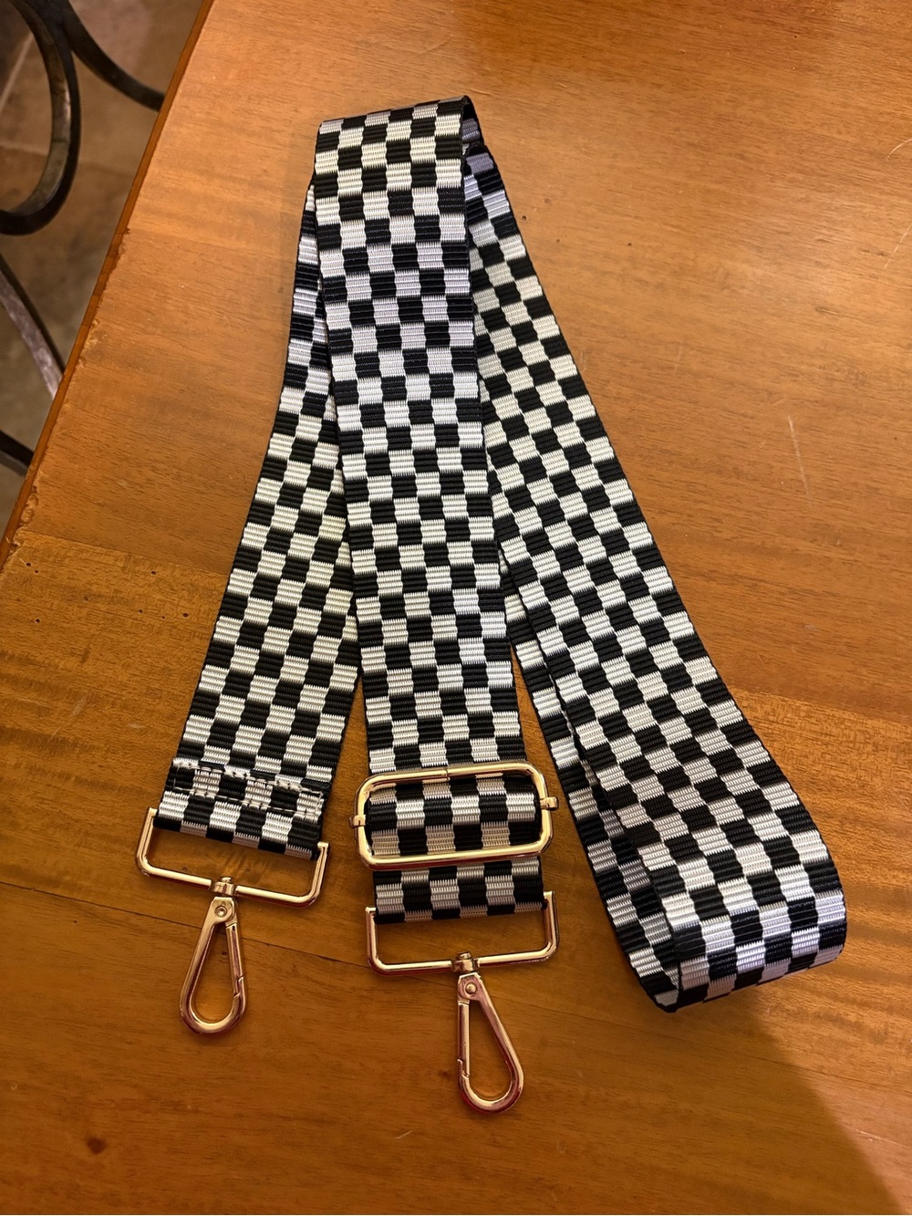 Black & White Checkered Adjustable Bag Strap with Gold Hardware